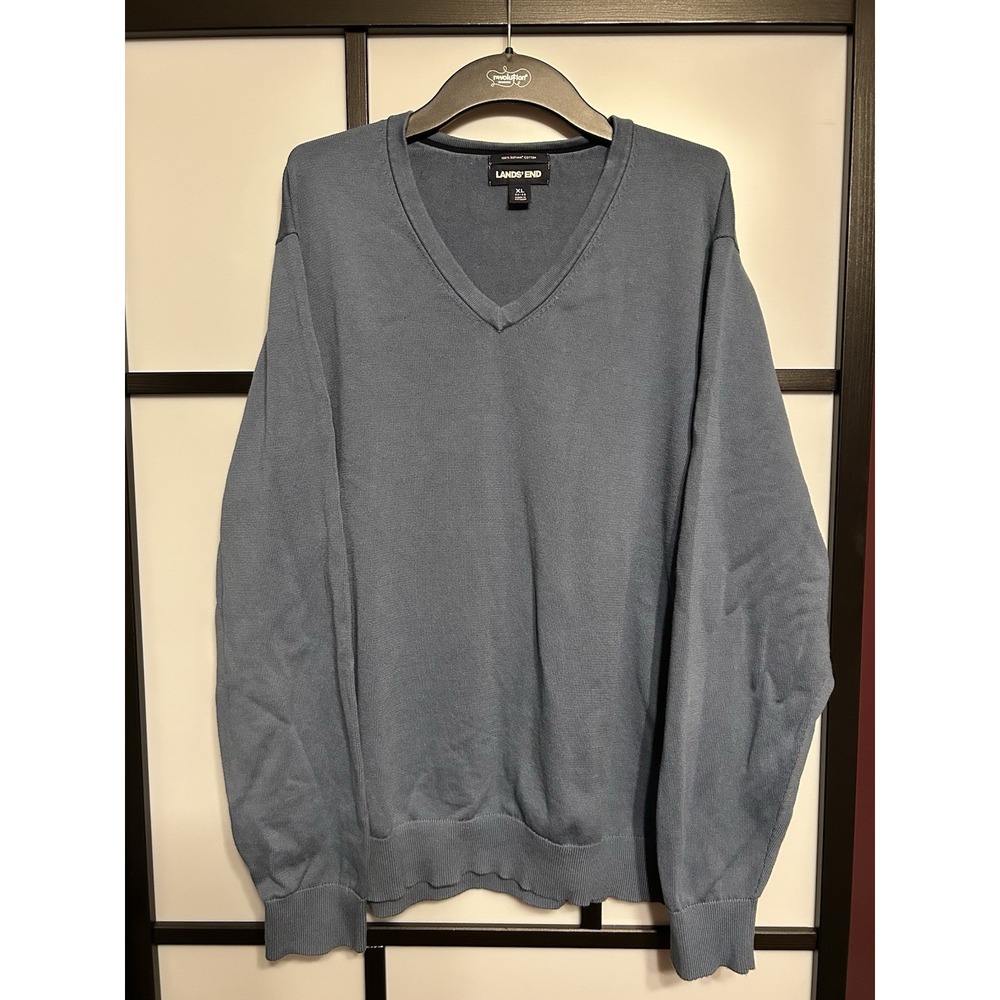 Lands End Mens XL (46-48) Supima Cotton Long Sleeve V Neck Sweater Light‎ Blue